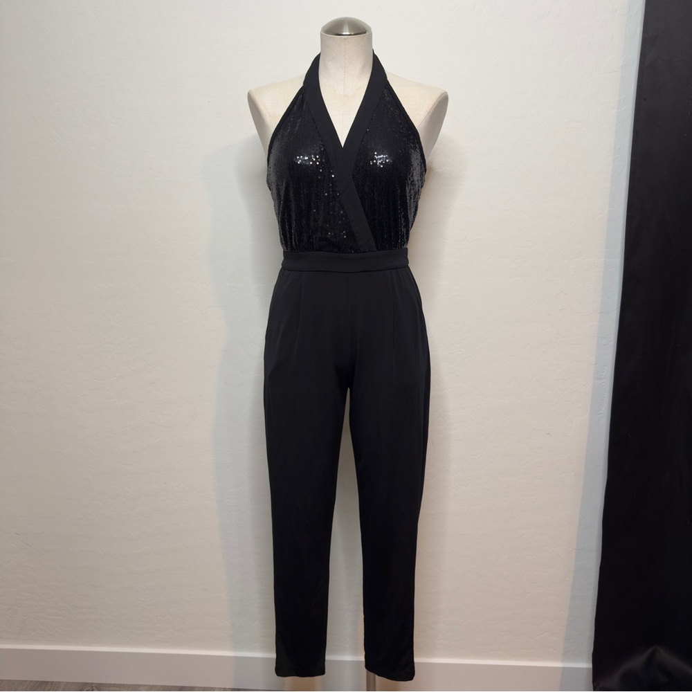 Black Sequin Halter Jumpsuit